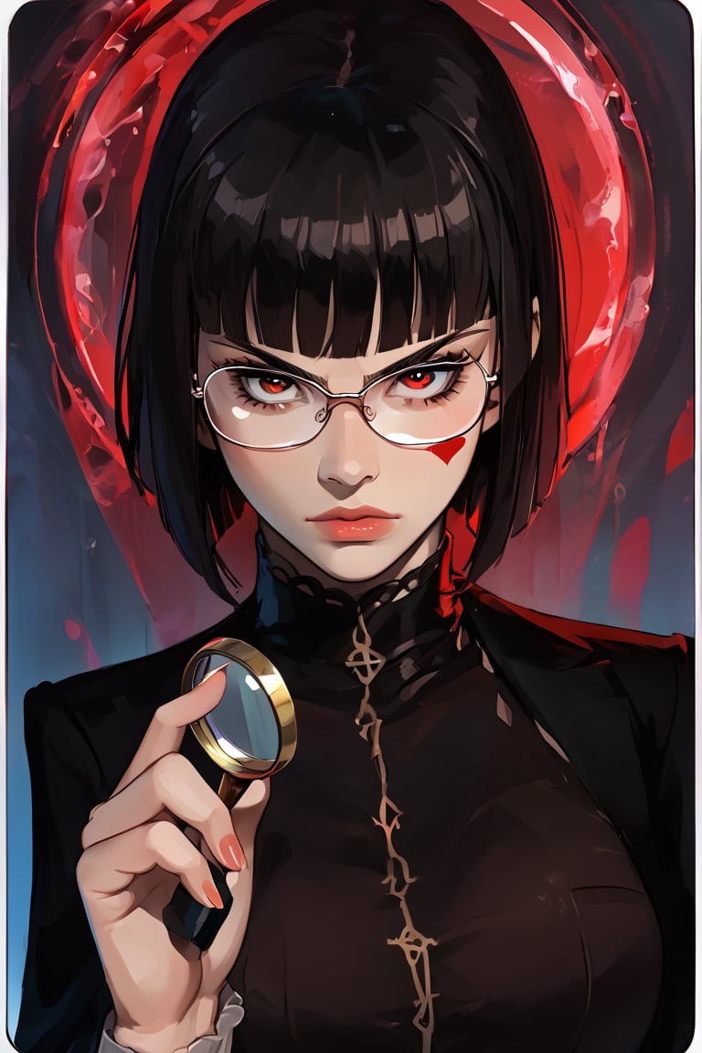 (comic book style) , A pen and ink style expressionism painting. Portrait of a female detective scowling into a magnifying glass. The glass is crystal clear, showing a water portal through the glass. The detective is wearing a black suit that emanates her shadowy figure.  (((fringe))) fringe, glasses. ((scorned red eyes)) black short hair, heart facial mark, fishnet pantyhose