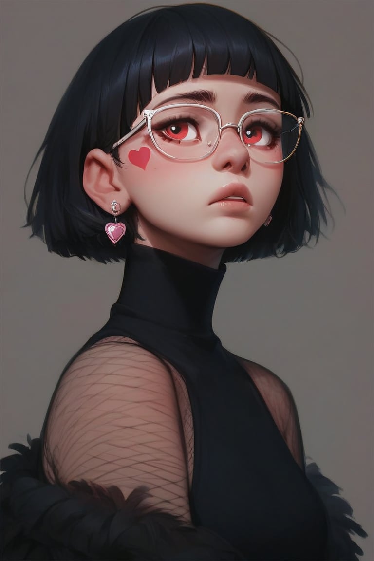 (score_9, score_8_up, score_7_up, score_6_up, score_5_up, score_4_up), source_cartoon, 1girl,  (((fringe))) fringe, glasses. ((scorned red eyes)) black short hair, heart facial mark, fishnet pantyhose, 