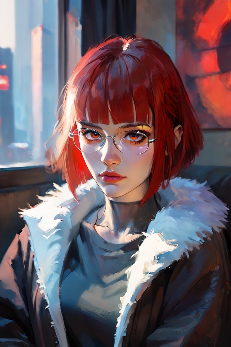 ((score_9, score_8_up, score_7_up)) oil painting portrait rendered in a loose, impressionistic style with thick, expressive brush strokes. It depicts a red haired woman smoking wearing a fur coat. the background is black, and she is covered in darkness. close-up.(((fringe))) fringe, glasses. ((scorned red eyes)) black short hair, black fishnet_pantyhose,cyberpunk city view out of the window,neon light,cramped bedroom,impressionist painting