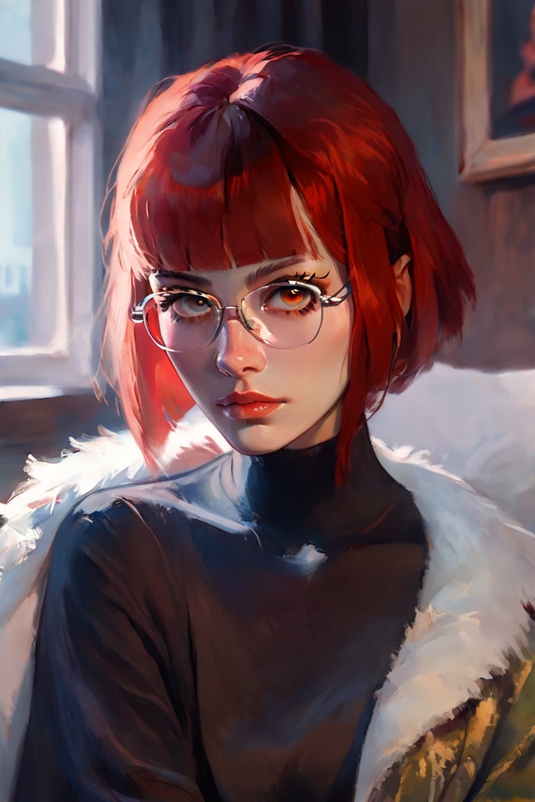 ((score_9, score_8_up, score_7_up)) oil painting portrait rendered in a loose, impressionistic style with thick, expressive brush strokes. It depicts a red haired woman smoking wearing a fur coat. the background is black, and she is covered in darkness. close-up.(((fringe))) fringe, glasses. ((scorned red eyes)) short hair, black fishnet_pantyhose,cyberpunk city view out of the window,neon light,cramped bedroom,impressionist painting