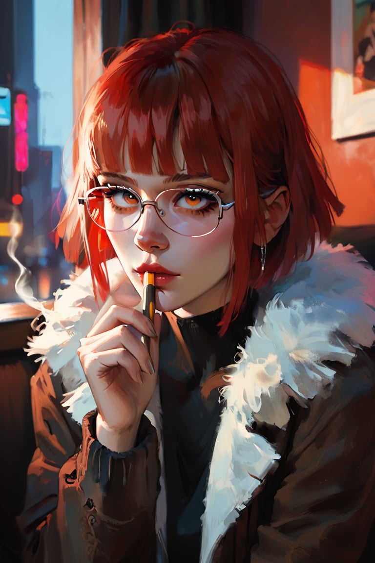 ((score_9, score_8_up, score_7_up)) oil painting portrait rendered in a loose, impressionistic style with thick, expressive brush strokes. It depicts a red haired woman smoking wearing a fur coat. the background is black, and she is covered in darkness. close-up.(((fringe))) fringe, glasses. ((scorned red eyes)) black short hair, black fishnet_pantyhose,cyberpunk city view out of the window,neon light,cramped bedroom,impressionist painting