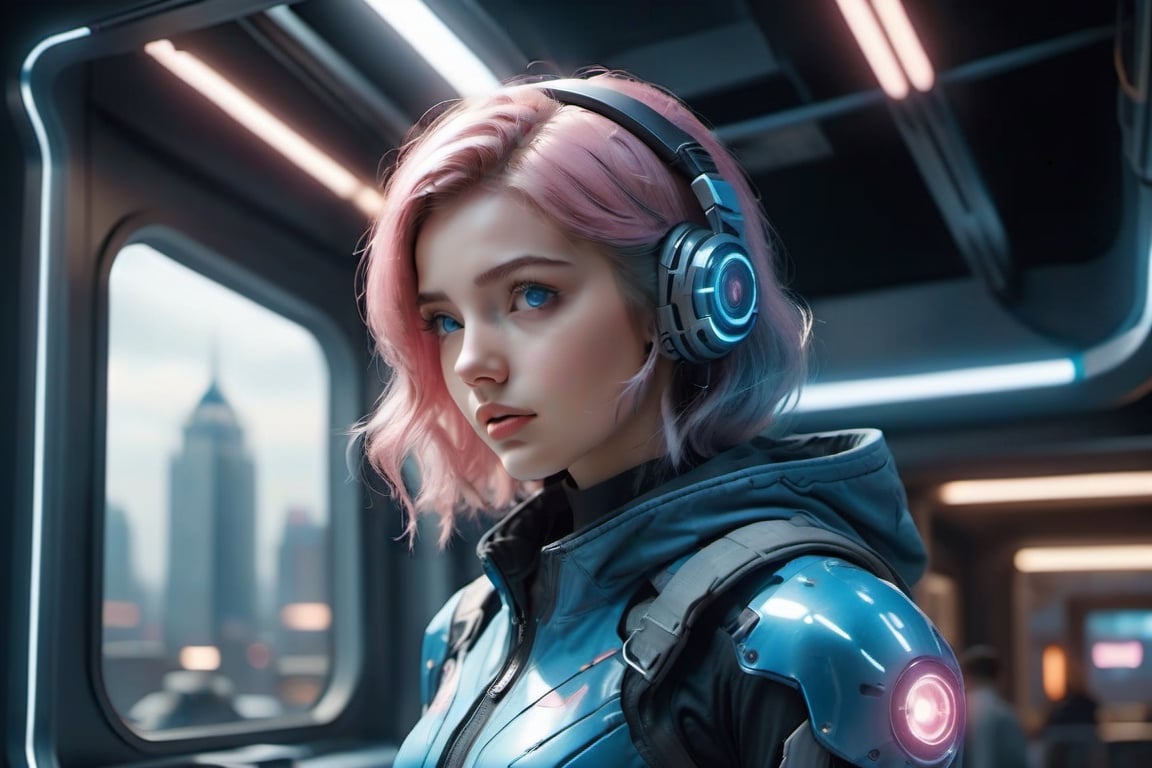 (A girl, 16 years old), beautiful blue eyes, beautiful, curious look, blue hair with pink highlights, futuristic blue clothes, (standing), in a very futuristic spaceship, ((looking at the universe through a window )), 8k uhd, cinematographic photo, hyperrealistic, science fiction,