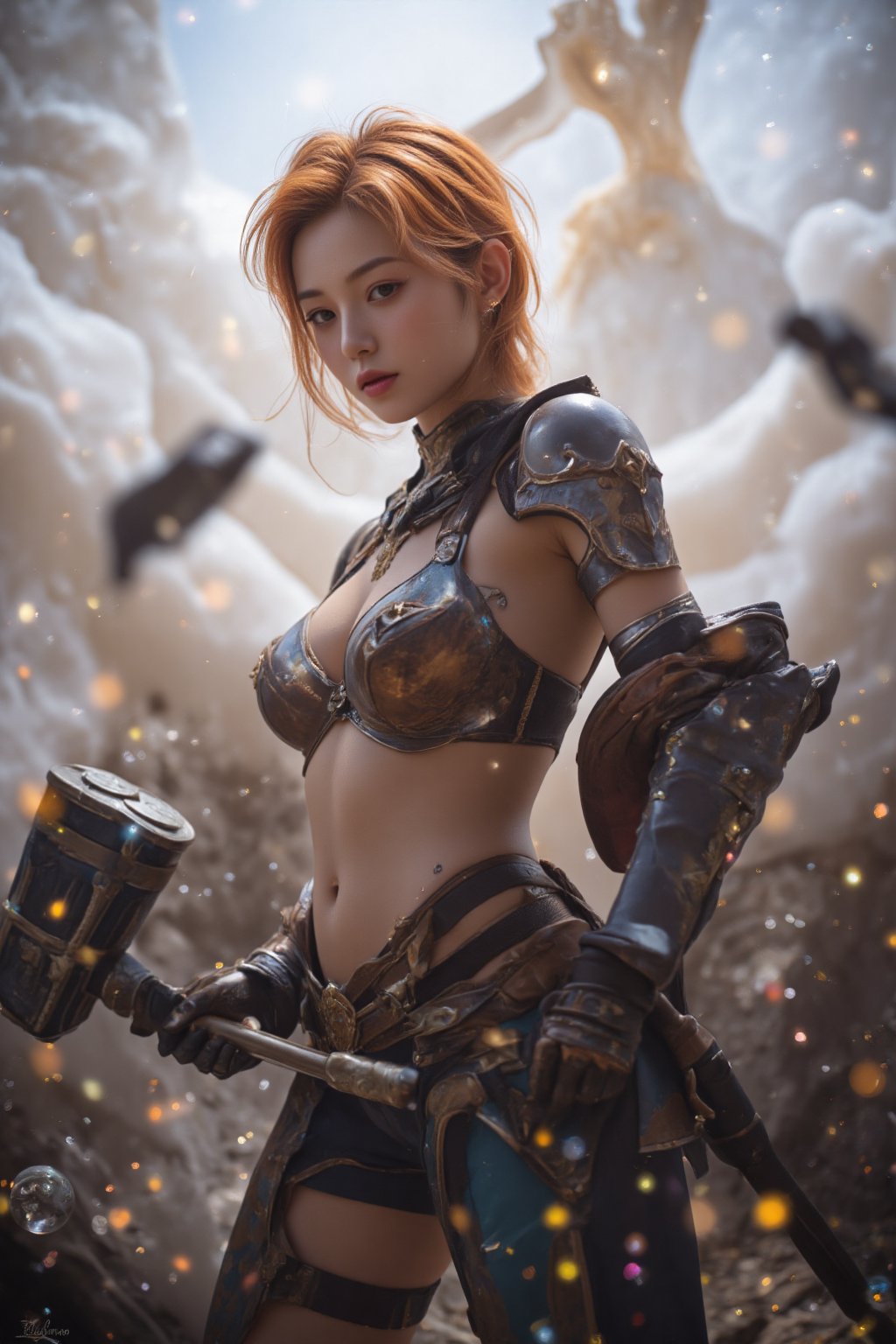 1girl, alone, short hair, navel, hold, weapon, braid, pointy ears, midriff, orange hair, armor, hand on hip, single braid, weapon, gauntlets, ship, hammer, shield, lolita mobile legends, giant hammer, shield ,fighting on a battlefield, realistic, more details 16k,CG,maintain maximum image detail,high resolution,Anti Aliasing,particles,hyper realism,holografico,extremely detailed, crystallization, crystals, holographic, fragments,style,concept
