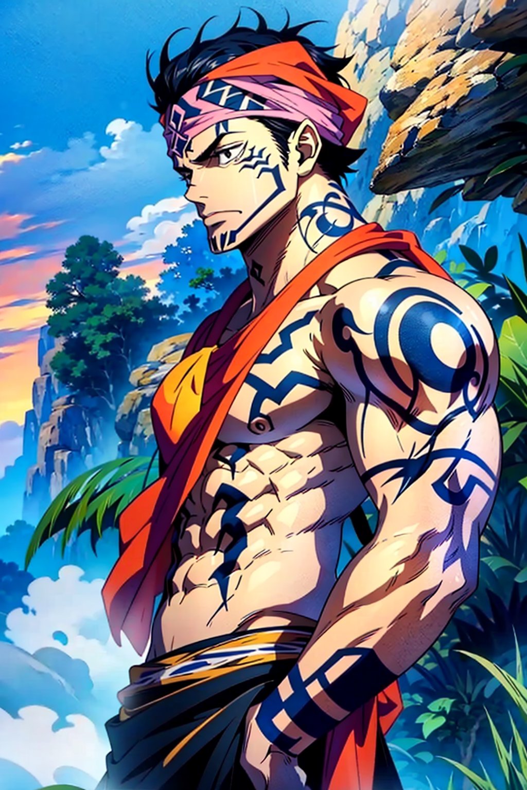 ((masterpiece, best quality)), man black_hair,shorthair,stoic,  jaw_line ,sukunatattoo,strong,shirtless,blue_bandana, sunset,,((TribalTattoos)),defined_muscles, olive_skin