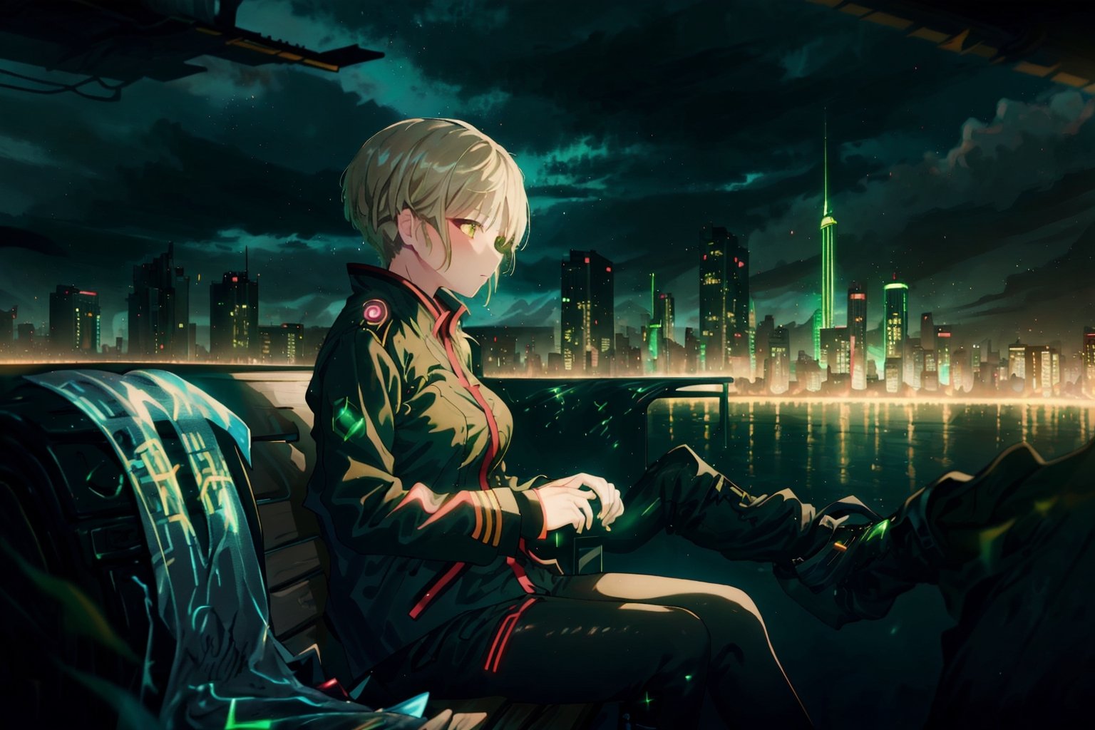 masterpiece, best quality, yofukashi background, cityscape, night, cloudy, 1girl, hands_in_pockets, black techwear, sitting on a bench,yofukashi background,marinadef,GlowingRunesAI_green