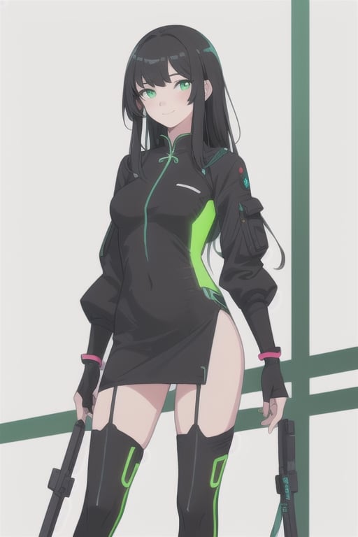 ((masterpiece)), ((best quality)), digital art, best quality, highly detailed, 1 girl, solo, mature woman, character design, standing, simple white background, calligrapic, legins, black chinese dres, soft smile, techwear, iridescent, neon greenm black long hair, neon green eyes