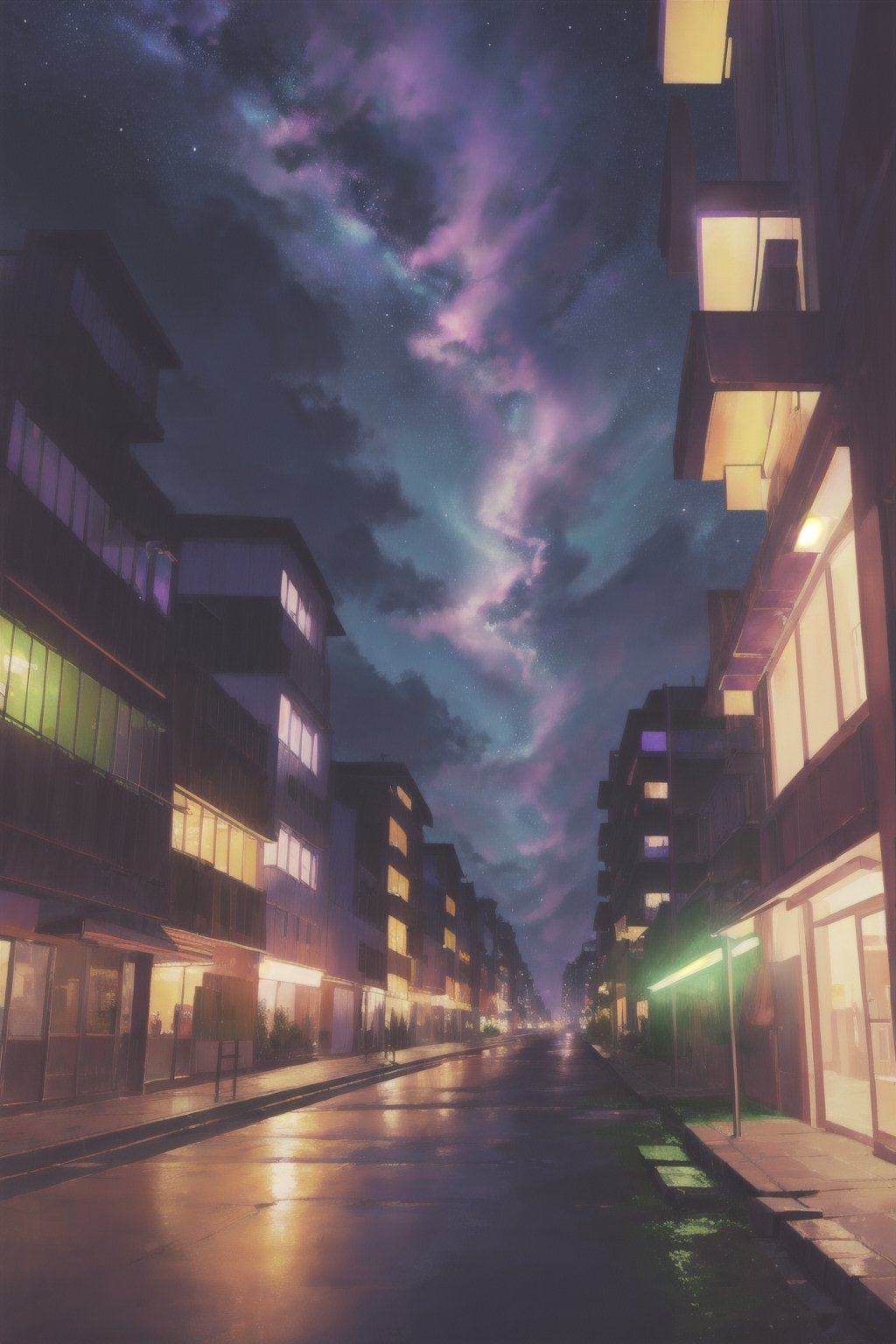 masterpiece, best_quality, night_sky_backhround, city, shooting_star, cloudy_sky, green_and_purple_light, yofukashi background, 