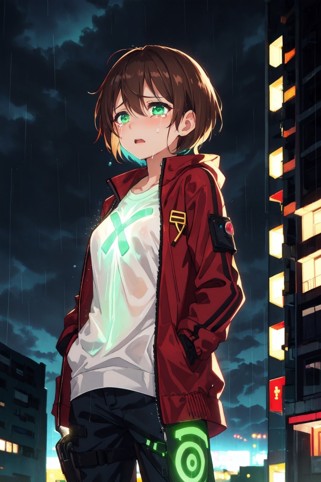 masterpiece, best quality, cloudy sky, cityscape, night, 1girl, brown short hair, techwear, standing, glowing green runes on body, yofukashi background, crying with eyes open, raining