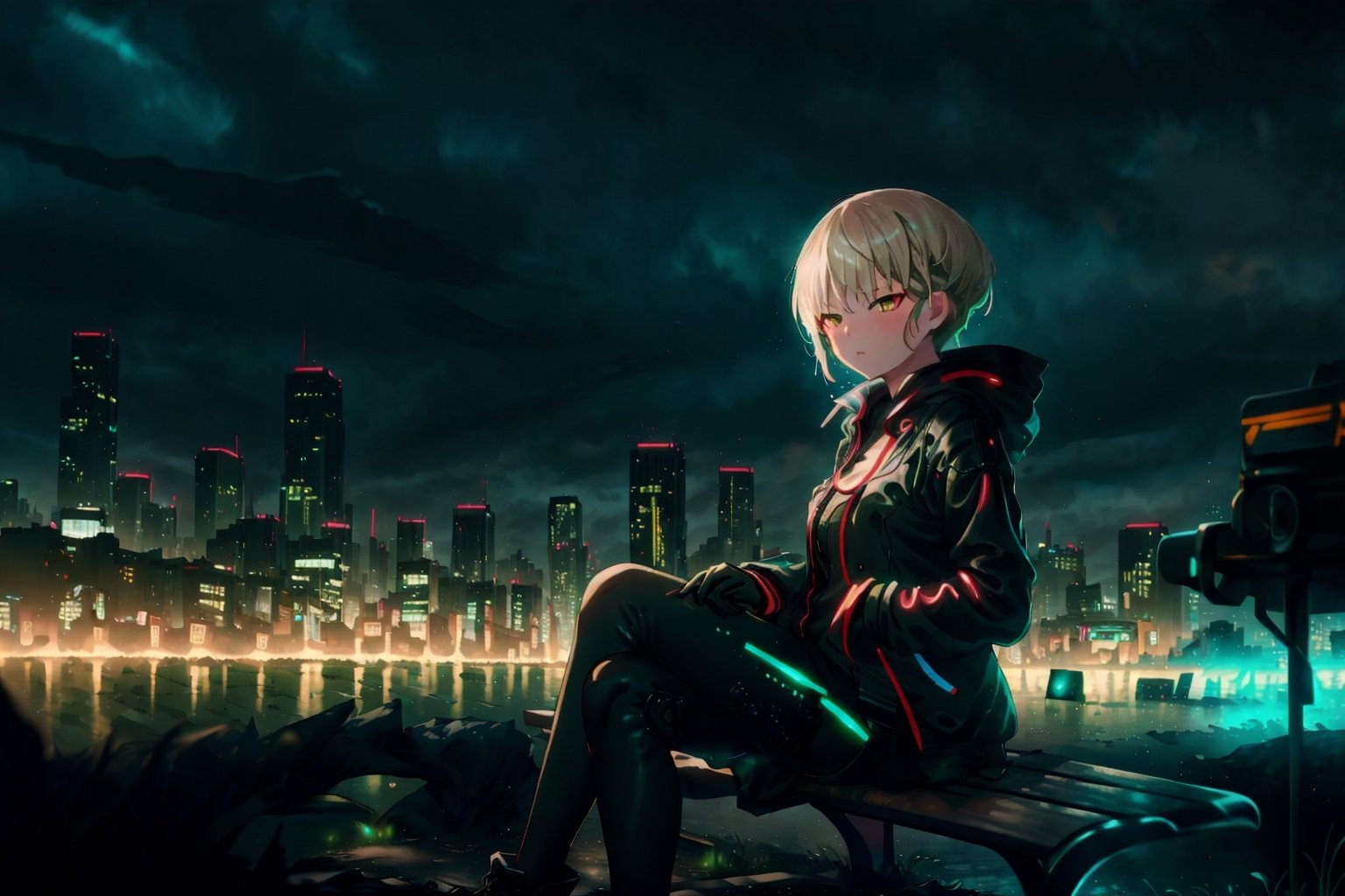 masterpiece, best quality, 4K, yofukashi background, cityscape, night, cloudy, 1girl, hands in pockets, black techwear, sitting on a bench,yofukashi background,marinadef,GlowingRunesAI_green