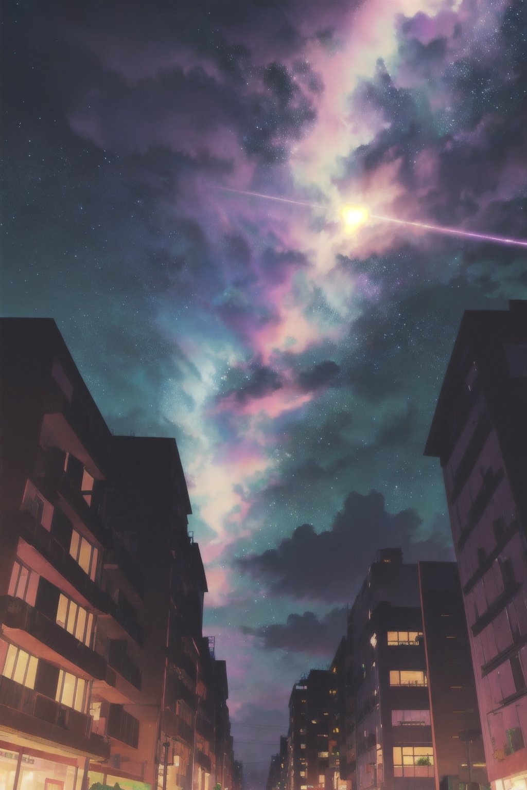 masterpiece, best_quality, night_sky_backhround, city, shooting_star, cloudy_sky, green_and_purple_light, yofukashi background, 