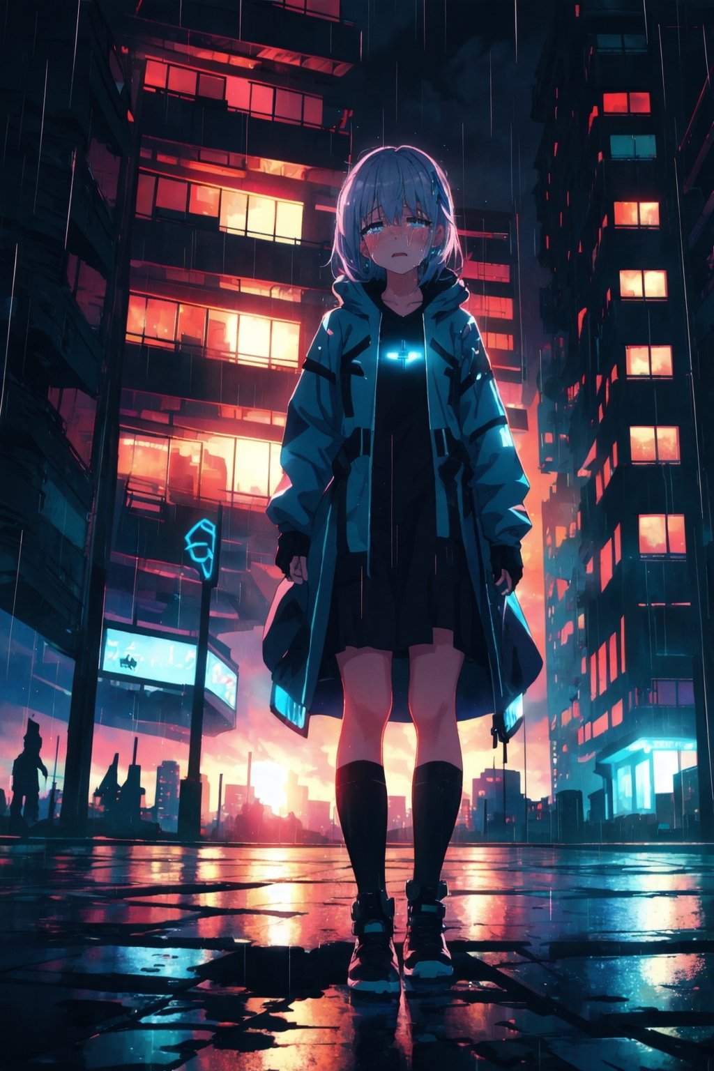 masterpiece, best quality, cloudy sky, cityscape, night, 1girl, techwear, standing, glowing blue runes,yofukashi background, crying with eyes open, raining,best quality,shiroko