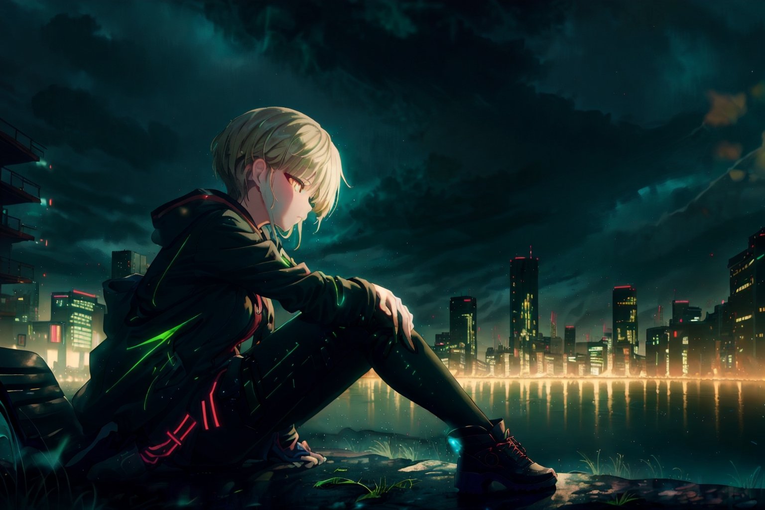 masterpiece, best quality, 4K, yofukashi background, cityscape, night, cloudy, 1girl, hands in pockets, black techwear, sitting on a bench,yofukashi background,marinadef,GlowingRunesAI_green