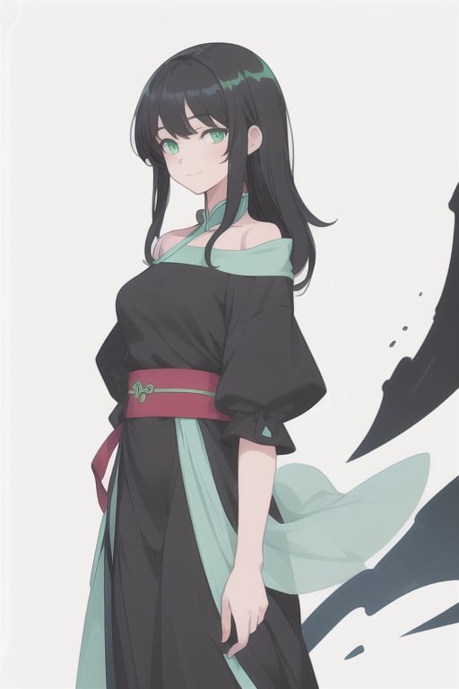 ((masterpiece)), ((best quality)), digital art, best quality, highly detailed, 1 girl, solo, mature woman, character design, standing, simple white background, calligrapic, legins, black chinese dres, soft smile, iridescent, black long hair, neon green eyes