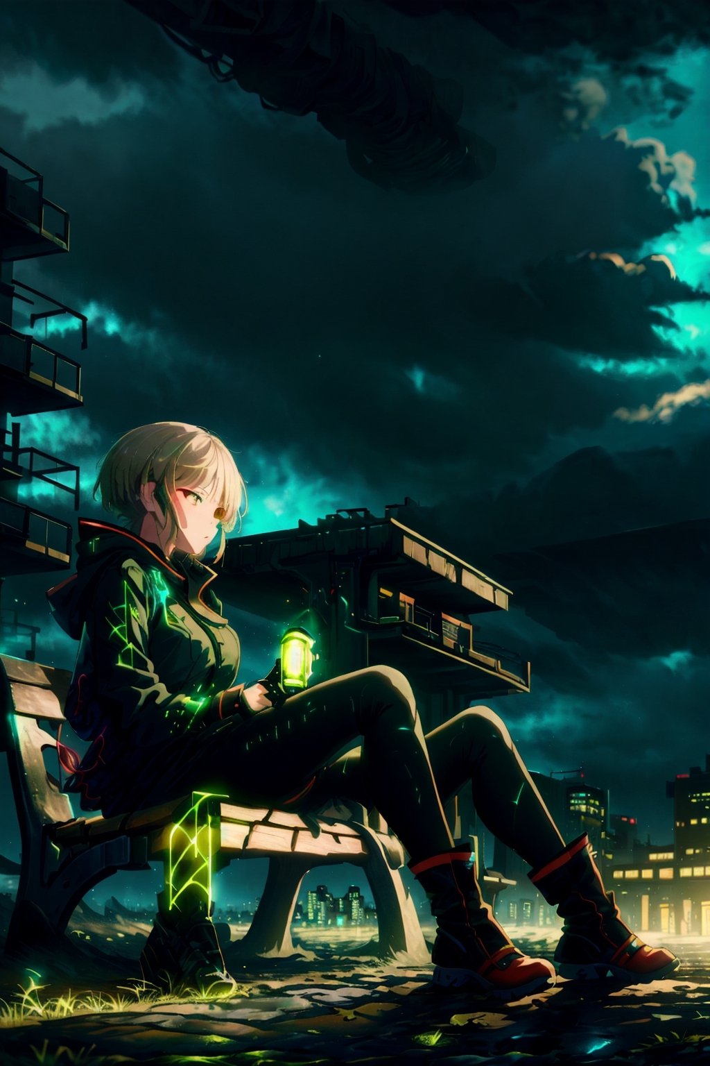 masterpiece, best quality, yofukashi background, cityscape, night, cloudy, 1girl, black techwear, glowing green runes, sitting on a bench, yofukashi background,marinadef,GlowingRunesAI_green