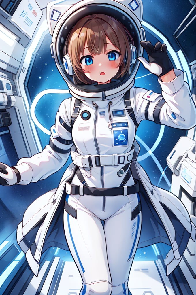 Extreme detail,masterpiece,anime illustration ,1girl,  short hair, bangs, large_eyes, blue_eyes,  (space helmet):4,(clear_helmet):3, neck seal,white space suit,  gloves, thigh_straps, looking_at_viewer, lomg pants,surprised_expression,headphone,light brown hair,short hair,blue eyes,blush,bing_wetsuit,astrovest,astrogirl,