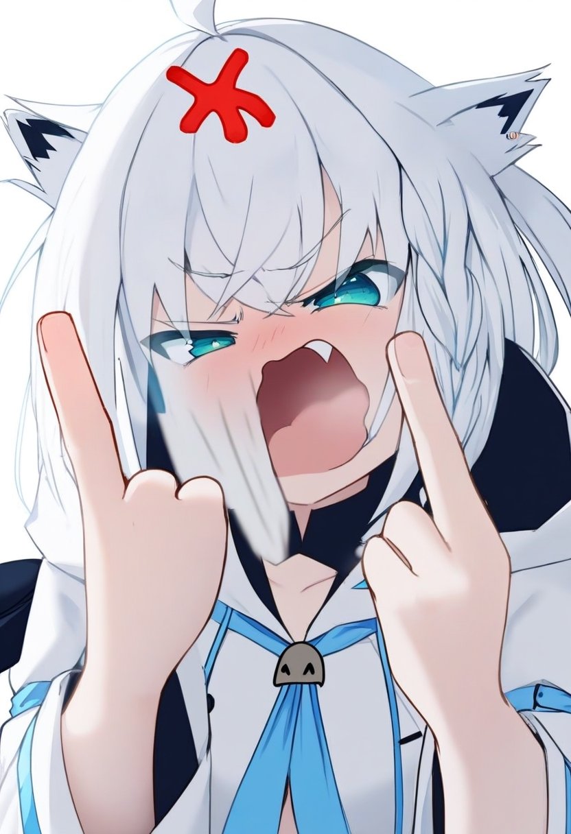 One girl, alone, shirakami_fubuki, (angry):0.2,Middle finger, open mouth,White Background, masterpiece, highest quality, so beautiful, Absurd,

