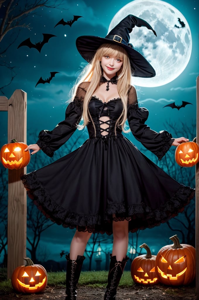 1girl, blonde hair, long hair, red eyes, witch hat, black dress, purple dress, halloween costume, frills, ribbons, pumpkin, black boots, glowing, magic circle, dark night, full moon, spooky mansion background, floating, dynamic pose, excited expression, happy, sparkles, magic effects, detailed background, high quality, masterpiece, best quality, black cat, halloween decorations, lanterns, detailed lighting, gothic atmosphere