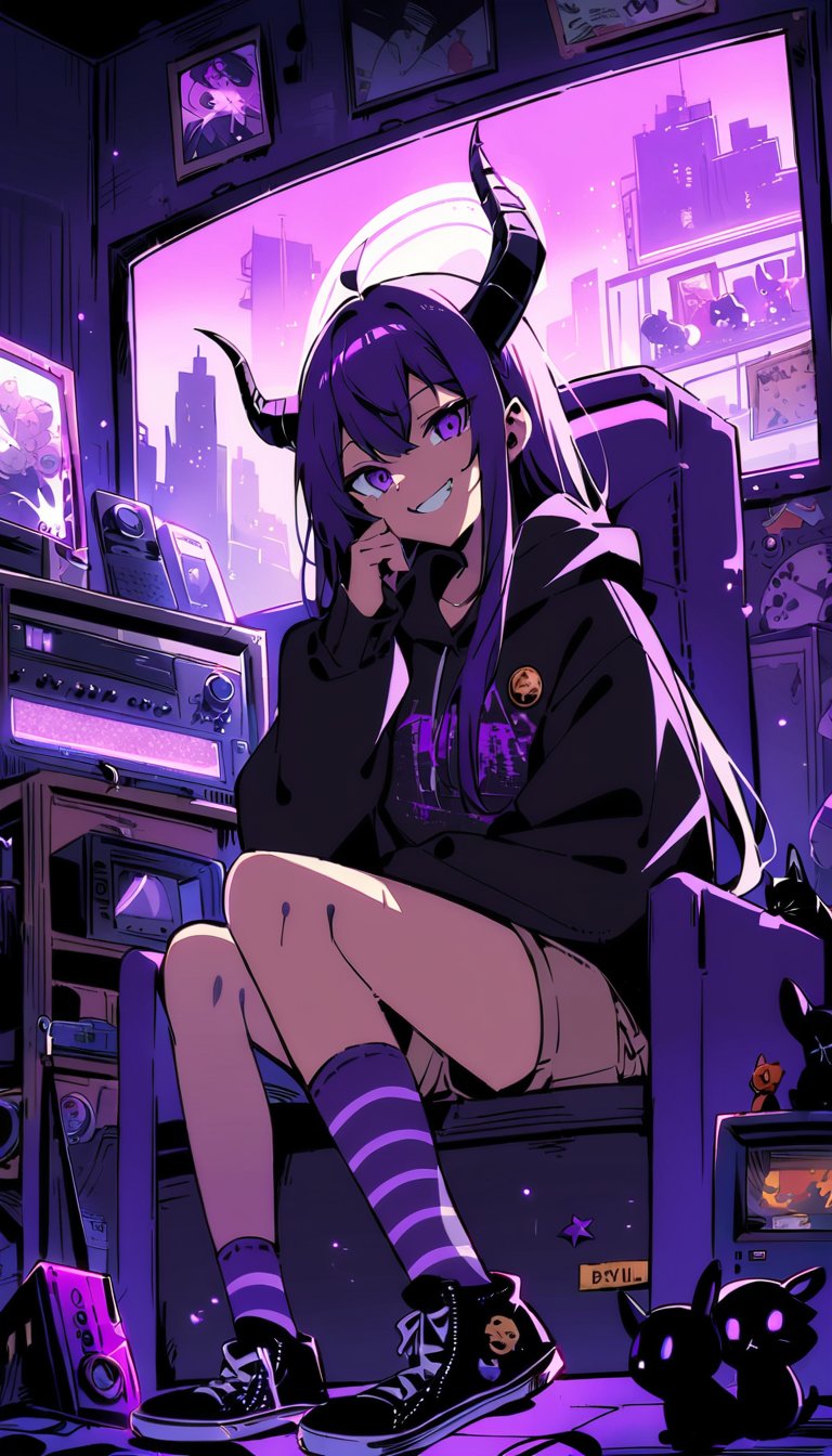 1girl,la+ darkness , hololive, Composition looking up from below, anime-style drawing style, spotlight on person, cinematic lighting, a queen alone, jester outfit, throne, sitting with legs crossed, intimidation, expression of delight, (diabolical laugh):1.2,scorn, royal dignity, resting chin on hand, purple throne, purple throne room, predominantly purple color scheme, 1girl, solo, (devil horn):1.5,black hoodie, khaki shorts, striped socks, sneakers, purple sneakers, electric guitar, brown guitar body, white guitar pegs, camera on head, camera lens over eye, smiling, neon sign, "ROKIROKI" text, purple neon, stylish font, shelves, stuffed animals, figurines, bears, cats, rabbits, cassette tapes, records, accessories, miniature models, vintage items, retro telephone, game cartridges, picture frames, small boxes, whiteboard or screen, purple lighting, neon atmosphere, retro TV, static on TV screen, remote control, scattered cassette tapes, pin badges, nostalgic items, modern elements, music theme, fantasy atmosphere, detailed room, cluttered shelves, eclectic decor,