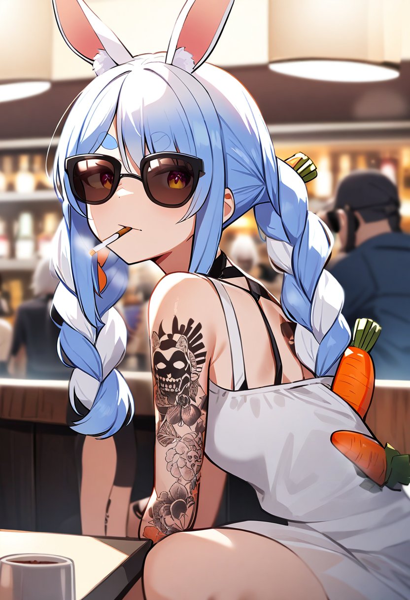 One girl, usada pekora,sunglasses, cigarette, (tattoo on arm):2,bar