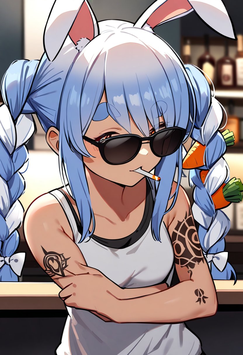 1girl, usada pekora,sunglasses, cigarette, (tattoo on arm):2,bar