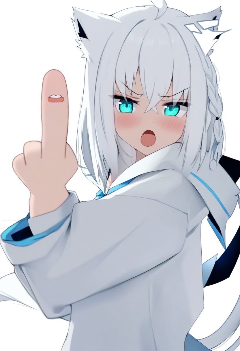 One girl, alone, shirakami_fubuki, (angry):0.2,Middle finger, open mouth,White Background, masterpiece, highest quality, so beautiful, Absurd,

