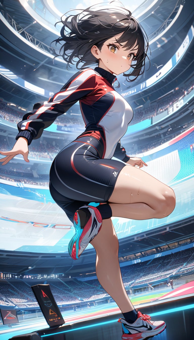 Anime style, 4K UHD, high quality, masterpiece:1.5
Character: 1 girl (solo), 20yo, black short hair (slightly windswept):1.2, brown eyes, determined expression, focused gaze
Outfit: (high-tech sleek one-piece track suit):1.5, (color-shifting aerodynamic fabric):1.3, (integrated biometric sensors):1.2
Pose: dynamic sprinting pose, mid-stride, powerful leg extension:1.3
Setting: futuristic Olympic stadium:1.4, (holographic lane markers):1.2, advanced timing systems, floating digital scoreboards
Props: (next-gen running shoes with adaptive soles):1.2, (AR contact lenses for real-time performance data):1.3
Atmosphere: motion blur:1.3, dynamic lighting emphasizing speed, holographic crowd cheering
Details: sharp focus, detailed muscle definition, sweat beads on skin, photoreal:1.2
Style: anime, sports, futuristic, advanced technology