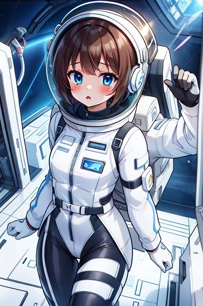 Extreme detail,masterpiece,anime illustration ,1girl,  short hair, bangs, large_eyes, blue_eyes,  (space helmet):4,(clear_helmet):3, neck seal,white space suit,  gloves, thigh_straps, looking_at_viewer, lomg pants,surprised_expression,headphone,light brown hair,short hair,blue eyes,blush,bing_wetsuit,astrovest,astrogirl,