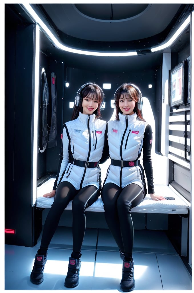 (masterpiece):1.2, best quality, (highly detailed:1.3), (2girls):2, 22yo, 170cm ,top instagrammer ladys,smile, (latex white bodysuit, headphone), (futuristic white color room with blue and white led lights):1.5, inside spacestation, cyberpunk room, (inside cyberpunk hotel room):1.3, sitting close together on bed, faces near each other, intimate pose, morning light, volumetric lighting, bing_astronaut, V-shaped eyebrows, astrovest:1.5, BREAK, black belt, black stocking, black tights, black long sleeve, BREAK, inside white spaceship background, astrovest, tnf_jacket, instagram-style composition, casual and natural posing