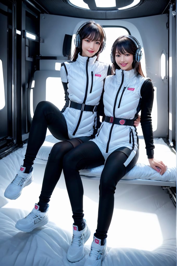 (masterpiece):1.2, best quality, (highly detailed:1.3), (2girls):2, 22yo, 170cm ,top instagrammer ladys,smile, (latex white bodysuit, headphone), (futuristic white color room with blue and white led lights):1.5, inside spacestation, cyberpunk room, (inside cyberpunk hotel room):1.3, sitting close together on bed, faces near each other, intimate pose, morning light, volumetric lighting, bing_astronaut, V-shaped eyebrows, astrovest:1.5, BREAK, black belt, black stocking, black tights, black long sleeve, BREAK, inside white spaceship background, astrovest, tnf_jacket, instagram-style composition, casual and natural posing