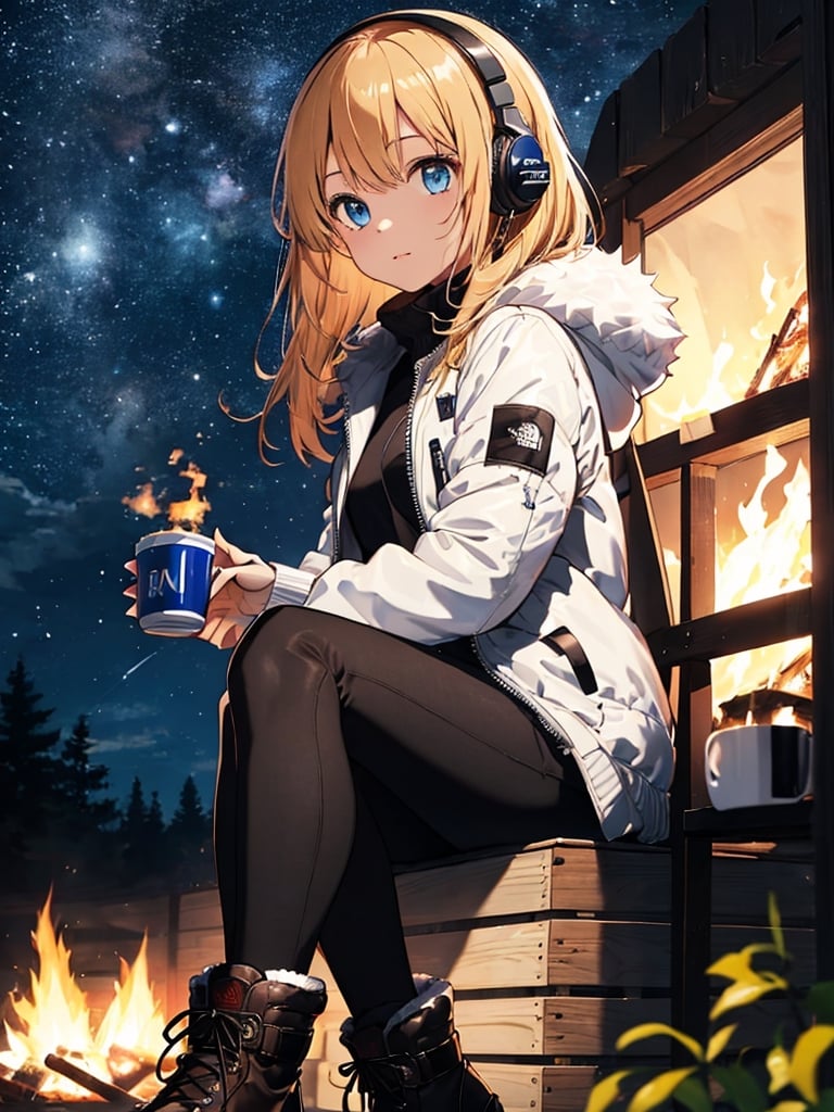 masterpiece:1.2, best quality, (highly detailed:1.3), 1girl, solo, long hair, looking at viewer, blonde hair,headphone, holding, blue eyes, sitting, jacket, boots, outdoors, BREAK black skirt, tights,boots,cup, BREAK (white downjacket):1.3,coat, fur trim, BREAK sitting on camping chair, brown footwear, crossed legs,BREAK one bonfire, holding cup, mug, pants, tent, campfire,night,starry sky,tnf_jacket