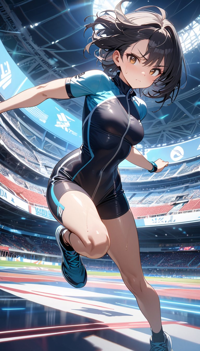 Anime style, 4K UHD, high quality, masterpiece:1.5
Character: 1 girl (solo), 20yo, black short hair (slightly windswept):1.2, brown eyes, determined expression, focused gaze
Outfit: (high-tech sleek one-piece track suit):1.5, (color-shifting aerodynamic fabric):1.3, (integrated biometric sensors):1.2
Pose: dynamic sprinting pose, mid-stride, powerful leg extension:1.3
Setting: futuristic Olympic stadium:1.4, (holographic lane markers):1.2, advanced timing systems, floating digital scoreboards
Props: (next-gen running shoes with adaptive soles):1.2, (AR contact lenses for real-time performance data):1.3
Atmosphere: motion blur:1.3, dynamic lighting emphasizing speed, holographic crowd cheering
Details: sharp focus, detailed muscle definition, sweat beads on skin, photoreal:1.2
Style: anime, sports, futuristic, advanced technology