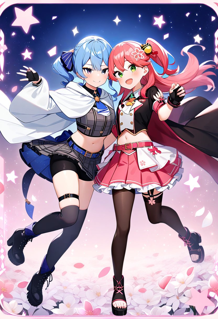 2girls,suisei hoshimachi, sakura miko,hololive,long hair, looking at viewer, smile, open mouth, bangs, multiple girls, hidden hands,skirt, black hair, thighhighs, gloves, ribbon, navel, 2girls, closed mouth, purple eyes, full body, pink hair, braid, flower, :d, pantyhose, sidelocks, pleated skirt, boots, frills, shorts, black gloves, midriff, belt, hood, miniskirt, blunt bangs, fingerless gloves, pink eyes, star \(symbol\), black footwear, side ponytail, zettai ryouiki, crop top, gradient, petals, thigh strap, floating hair, swept bangs, holding hands, thigh boots, black shorts, border, magical girl, sandals, happy, hood down, frilled skirt, white flower, bike shorts, gem, interlocked fingers, cloak, pink flower, cross-laced footwear, pink skirt, card \(medium\), dot nose, lace-up boots, bodystocking, platform footwear, shorts under skirt, hooded cloak, side-by-side, soul gem, black cloak, white cloak, pink belt, masterpiece, highest quality, so beautiful, Absurd,

