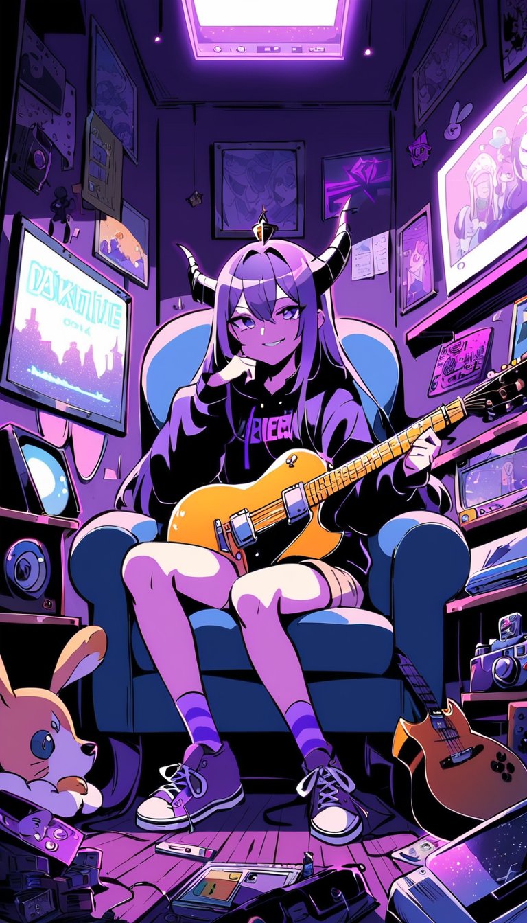 1girl,la+ darkness , hololive, Composition looking up from below, anime-style drawing style, spotlight on person, cinematic lighting, a queen alone, jester outfit, throne, sitting with legs crossed, intimidation, expression of delight, (diabolical laugh):1.2,scorn, royal dignity, resting chin on hand, purple throne, purple throne room, predominantly purple color scheme, 1girl, solo, (devil horn):1.5,black hoodie, khaki shorts, striped socks, sneakers, purple sneakers, electric guitar, brown guitar body, white guitar pegs, camera on head, camera lens over eye, smiling, neon sign, "ROKIROKI" text, purple neon, stylish font, shelves, stuffed animals, figurines, bears, cats, rabbits, cassette tapes, records, accessories, miniature models, vintage items, retro telephone, game cartridges, picture frames, small boxes, whiteboard or screen, purple lighting, neon atmosphere, retro TV, static on TV screen, remote control, scattered cassette tapes, pin badges, nostalgic items, modern elements, music theme, fantasy atmosphere, detailed room, cluttered shelves, eclectic decor,