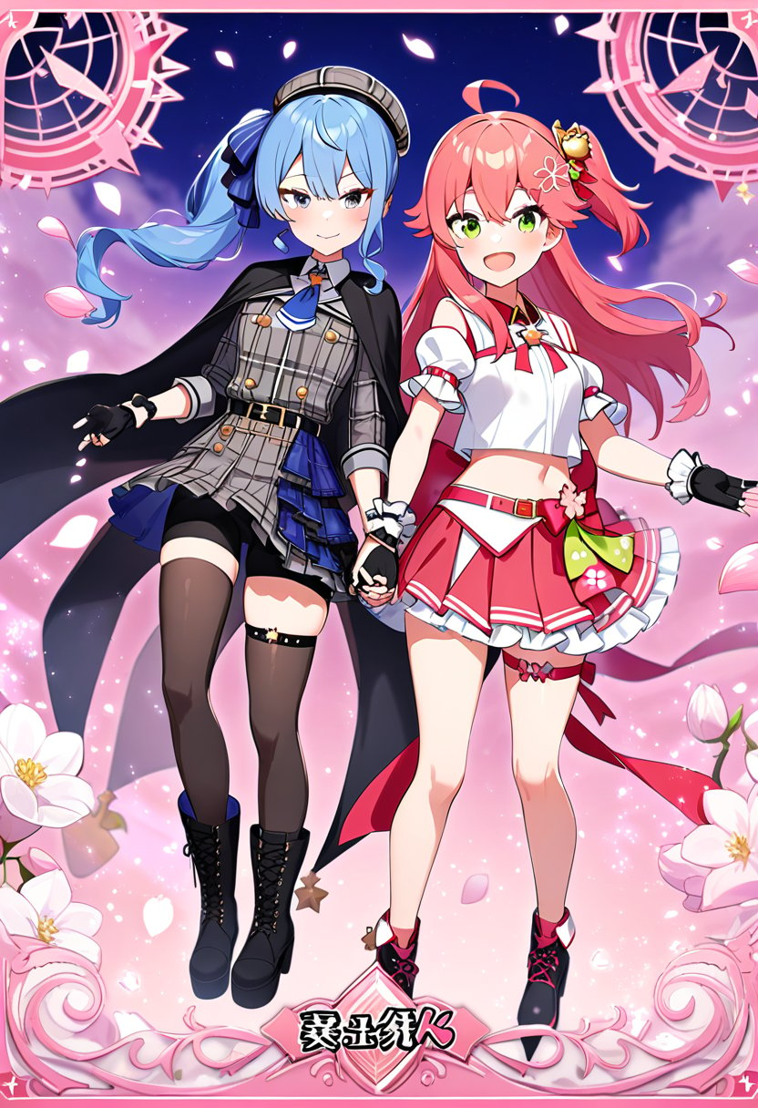 2girls,suisei hoshimachi, sakura miko,hololive,long hair, looking at viewer, smile, open mouth, bangs, multiple girls, hidden hands,skirt, black hair, thighhighs, gloves, ribbon, navel, 2girls, closed mouth, purple eyes, full body, pink hair, braid, flower, :d, pantyhose, sidelocks, pleated skirt, boots, frills, shorts, black gloves, midriff, belt, hood, miniskirt, blunt bangs, fingerless gloves, pink eyes, star \(symbol\), black footwear, side ponytail, zettai ryouiki, crop top, gradient, petals, thigh strap, floating hair, swept bangs, holding hands, thigh boots, black shorts, border, magical girl, sandals, happy, hood down, frilled skirt, white flower, bike shorts, gem, interlocked fingers, cloak, pink flower, cross-laced footwear, pink skirt, card \(medium\), dot nose, lace-up boots, bodystocking, platform footwear, shorts under skirt, hooded cloak, side-by-side, soul gem, black cloak, white cloak, pink belt, masterpiece, highest quality, so beautiful, Absurd,

