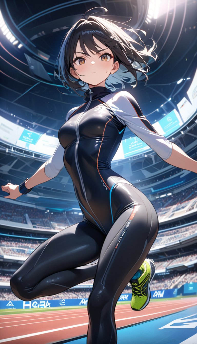 Anime style, 4K UHD, high quality, masterpiece:1.5
Character: 1 girl (solo), 20yo, black short hair (slightly windswept):1.2, brown eyes, determined expression, focused gaze
Outfit: (high-tech sleek one-piece track suit):1.5, (color-shifting aerodynamic fabric):1.3, (integrated biometric sensors):1.2
Pose: dynamic sprinting pose, mid-stride, powerful leg extension:1.3
Setting: futuristic Olympic stadium:1.4, (holographic lane markers):1.2, advanced timing systems, floating digital scoreboards
Props: (next-gen running shoes with adaptive soles):1.2, (AR contact lenses for real-time performance data):1.3
Atmosphere: motion blur:1.3, dynamic lighting emphasizing speed, holographic crowd cheering
Details: sharp focus, detailed muscle definition, sweat beads on skin, photoreal:1.2
Style: anime, sports, futuristic, advanced technology