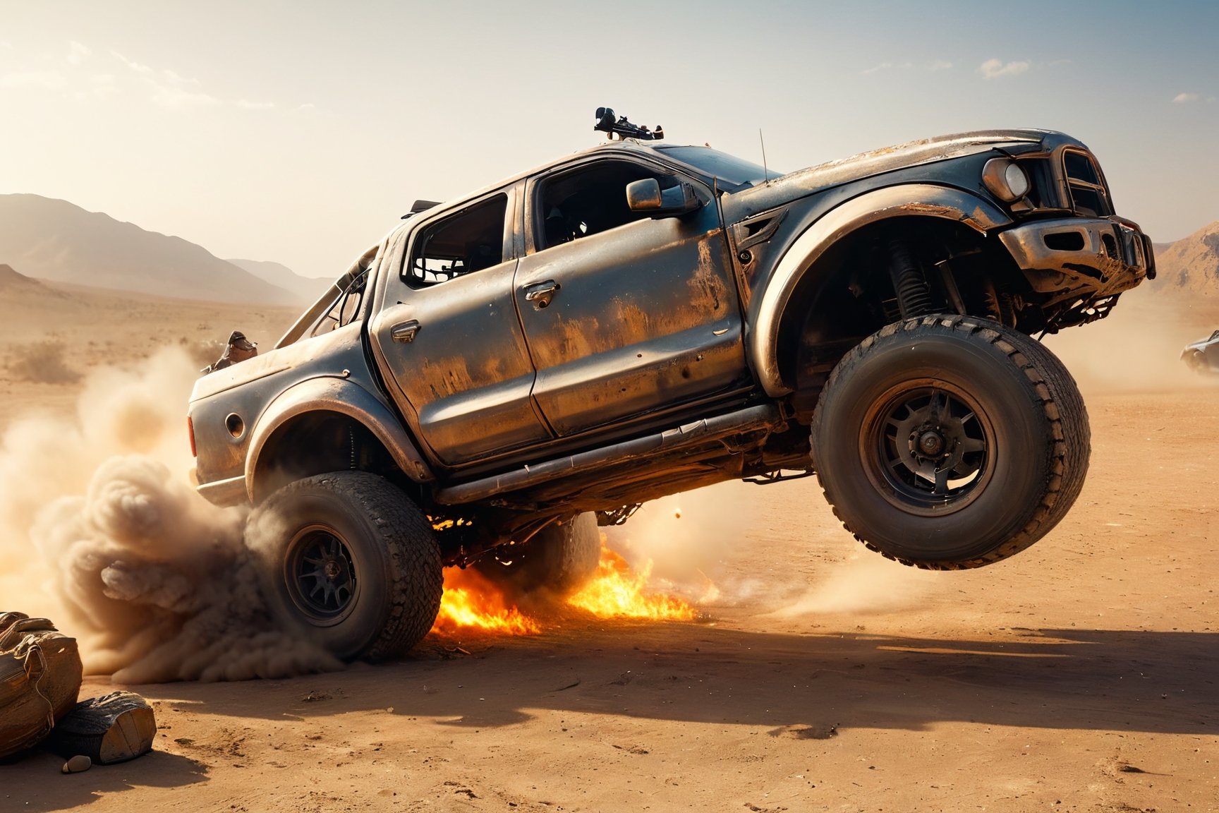 mercury coupe, mad max, desert, trucks, attack, boarding, gunfire, explosions, jump ahead, dust from wheels, motorcycles, high speed pursuit, many objects in frame, ultra detail overall, panoramic plan, epic battle,