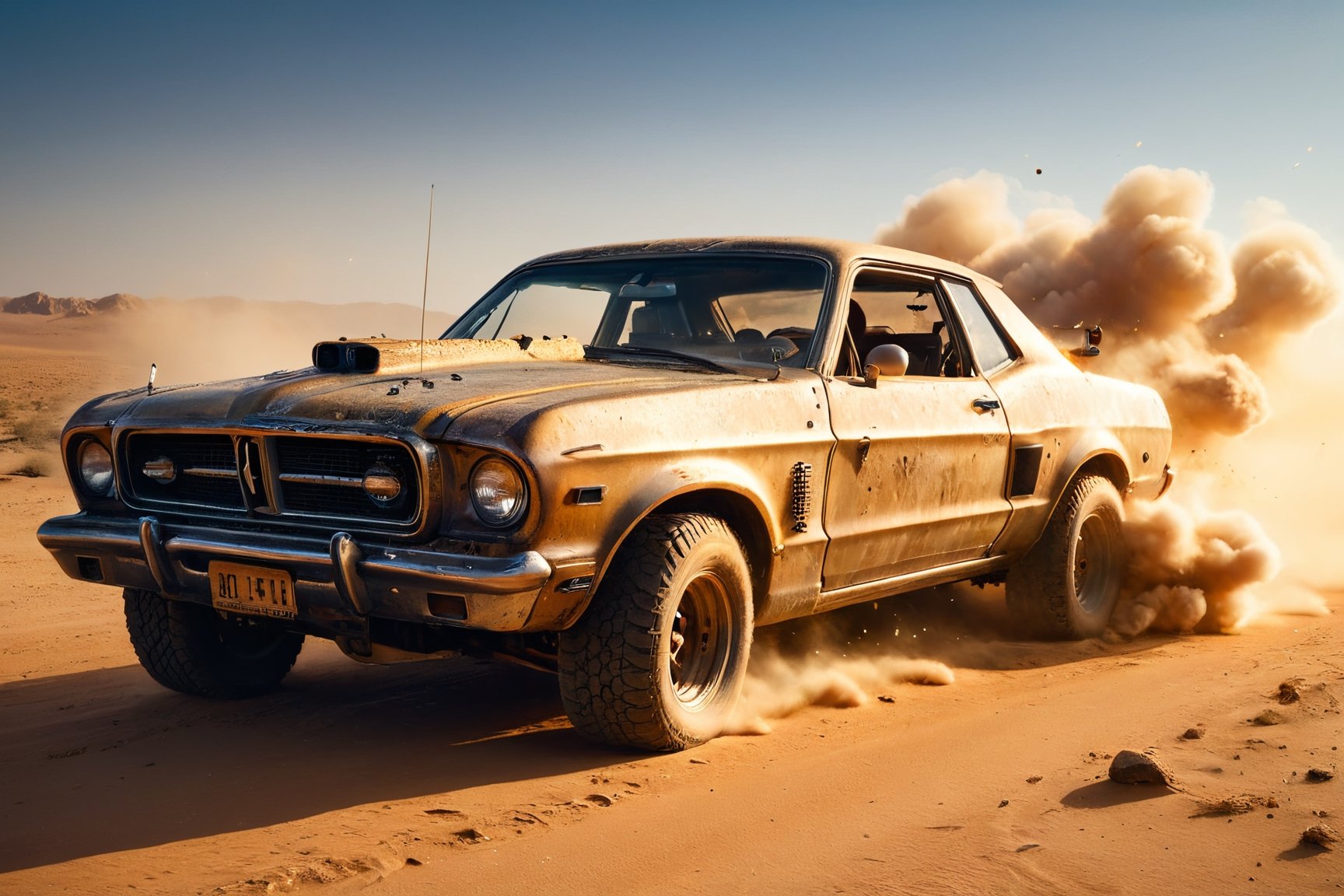 mercury coupe, mad max, desert, trucks, attack, boarding, gunfire, explosions, jump ahead, dust from wheels, motorcycles, high speed pursuit, many objects in frame, ultra detail overall, panoramic plan, epic battle,