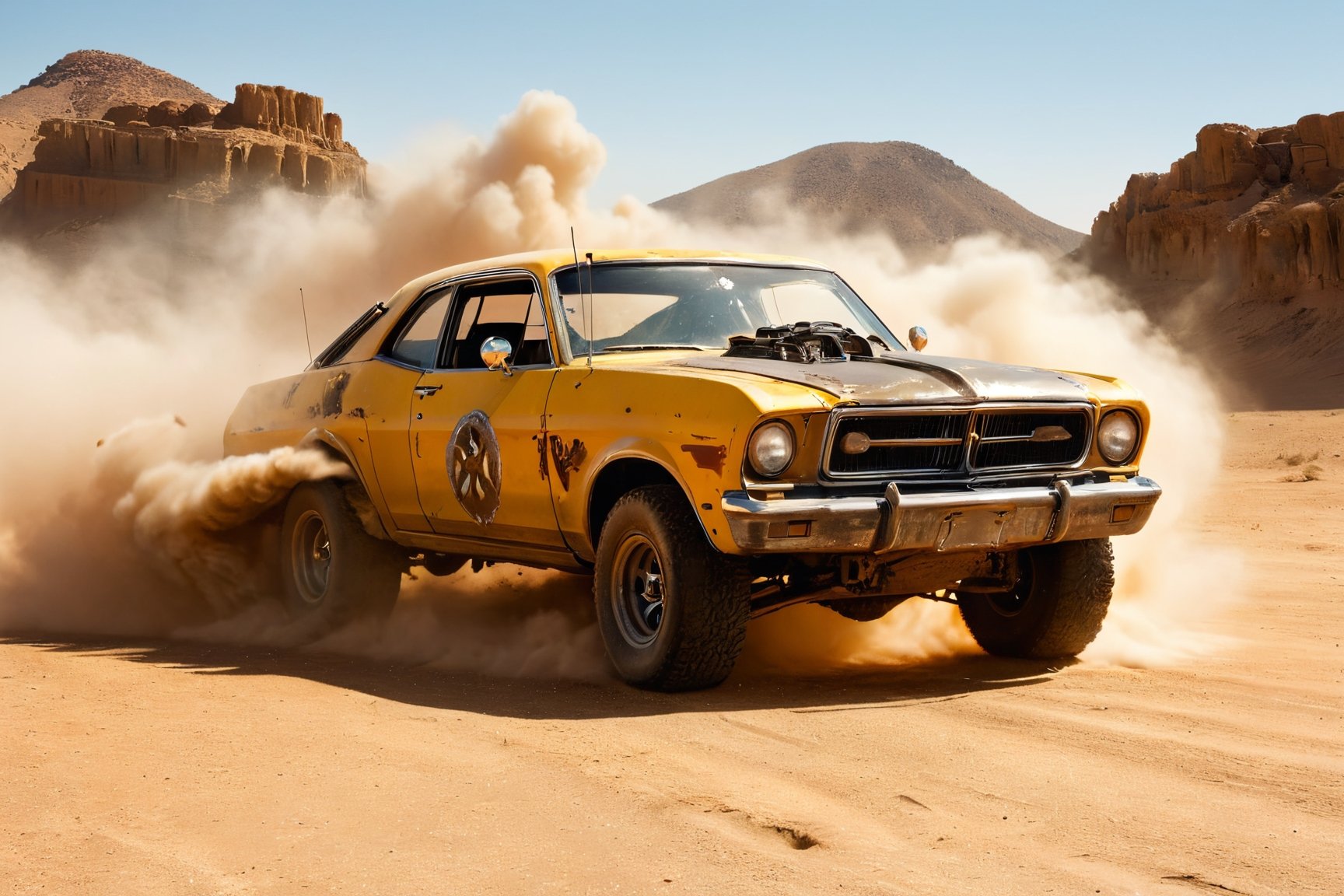 mercury coupe, mad max, desert, trucks, attack, boarding, gunfire, explosions, jump ahead, dust from wheels, motorcycles, high speed pursuit, many objects in frame, ultra detail overall, panoramic plan, epic battle,