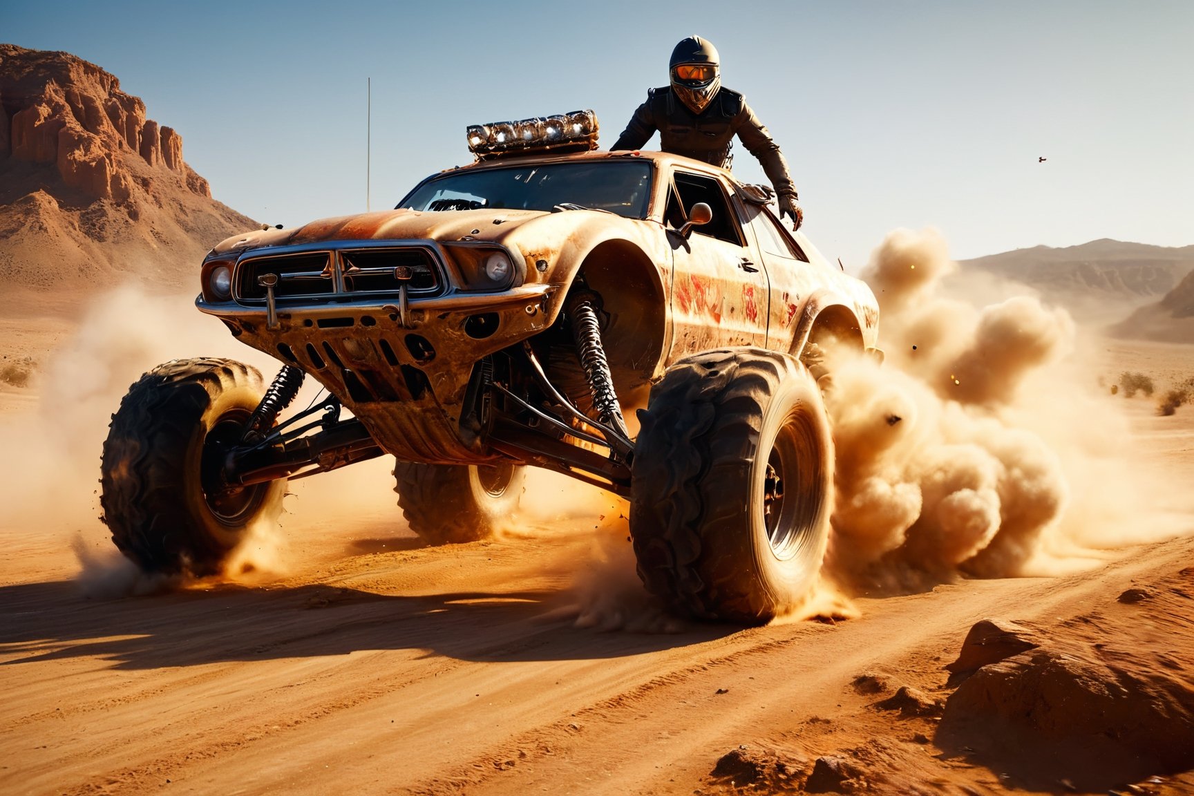 retrofuturism, mad max, desert, sturm monster trucks, attack, boarding, gunfire, explosions, jump ahead, dust from wheels, sidecar motorcycles, violence, blood, high speed pursuit, many objects in frame, ultra detail overall, panoramic plan, epic battle,