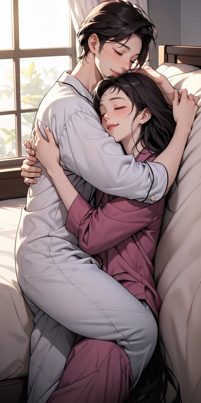 wpega,,Woman and man sleeping embraced,sleeping, smile ,(closed eyes),hug,pajamas ,bed time,, 