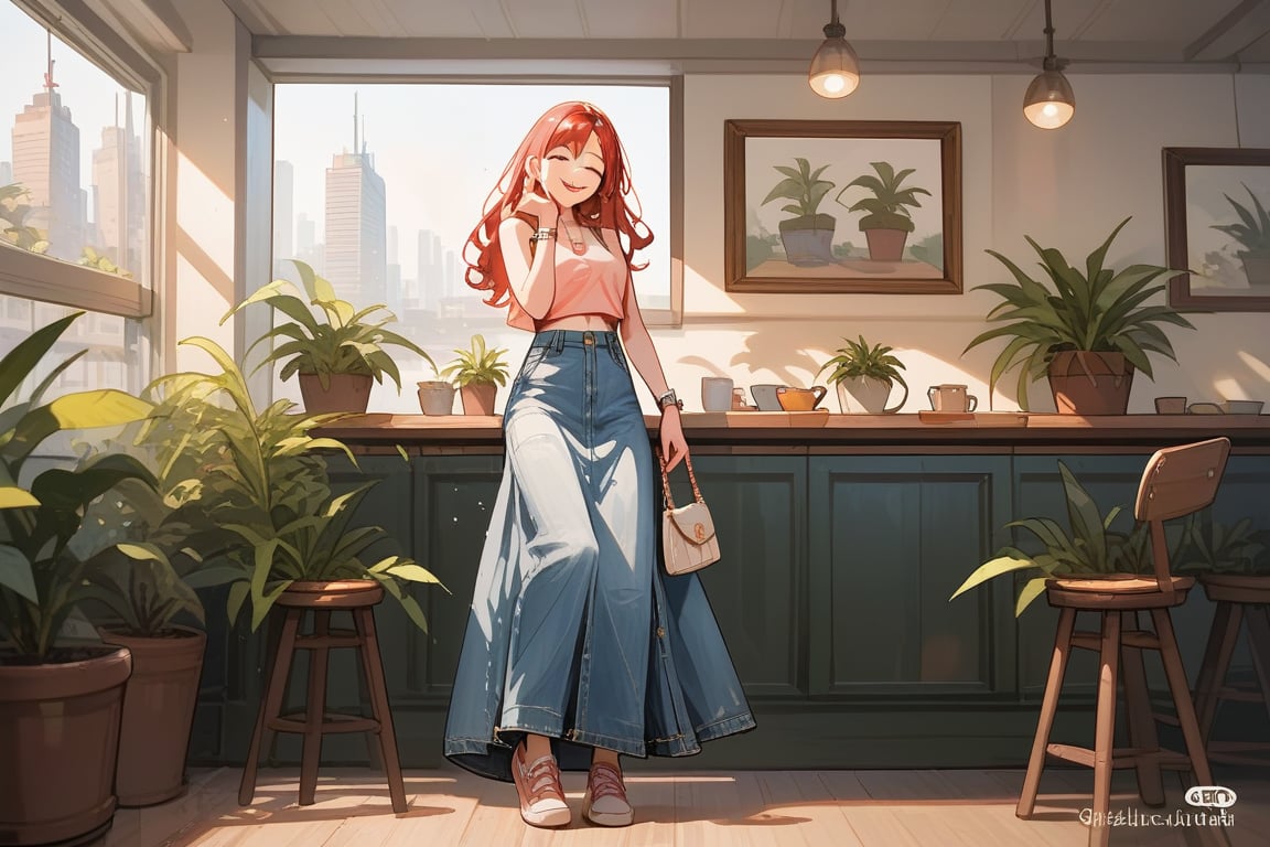 Score_9, Score_8_up, Score_7_up, Score_6_up, Score_5_up, Score_4_up,

((Cinematic)), (extremely detailed fine touch: 1.2),(masterpiece), (best quality), (concept art),1girl, solo, long hair,  skirt, red hair, holding, jewelry, standing, full body,inside a cafeteria to buy a cup of coffee, shoes, sleeveless, indoors, hand up, bag, bracelet, crop top, plant, denim, footwear, shirt, long skirt, watch, handbag, wristwatch, potted plant, wide shot, photo background, sex, long_sleeves, perfect hands,perfect face, perfect eyes, perfect mouth, cityscape, jaeggernawt,girlnohead, smooth lighting,art, illustration, romantic background, watercolor splash, soft blending, loose lines, smooth shadow, sweet, happy, sexy pose,smiling,

