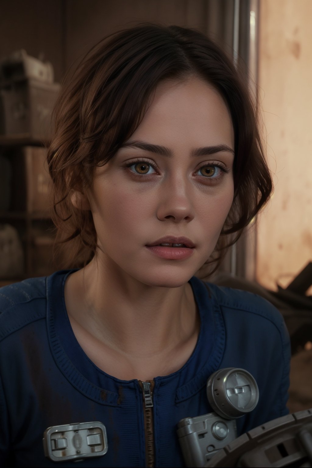 brunette, medium hair, dark undereyes,  dark undereyes, cute, perfect face, beautiful, high quality, brown eyes, perfect eyes, bangs, fallout, blue jumpsuit,  dark eyes, brown irises, wasteland, post apocolypse, cute,SD 1.5 ,REALISTIC,photorealistic, eye bags, lucy maclean fallout,base model