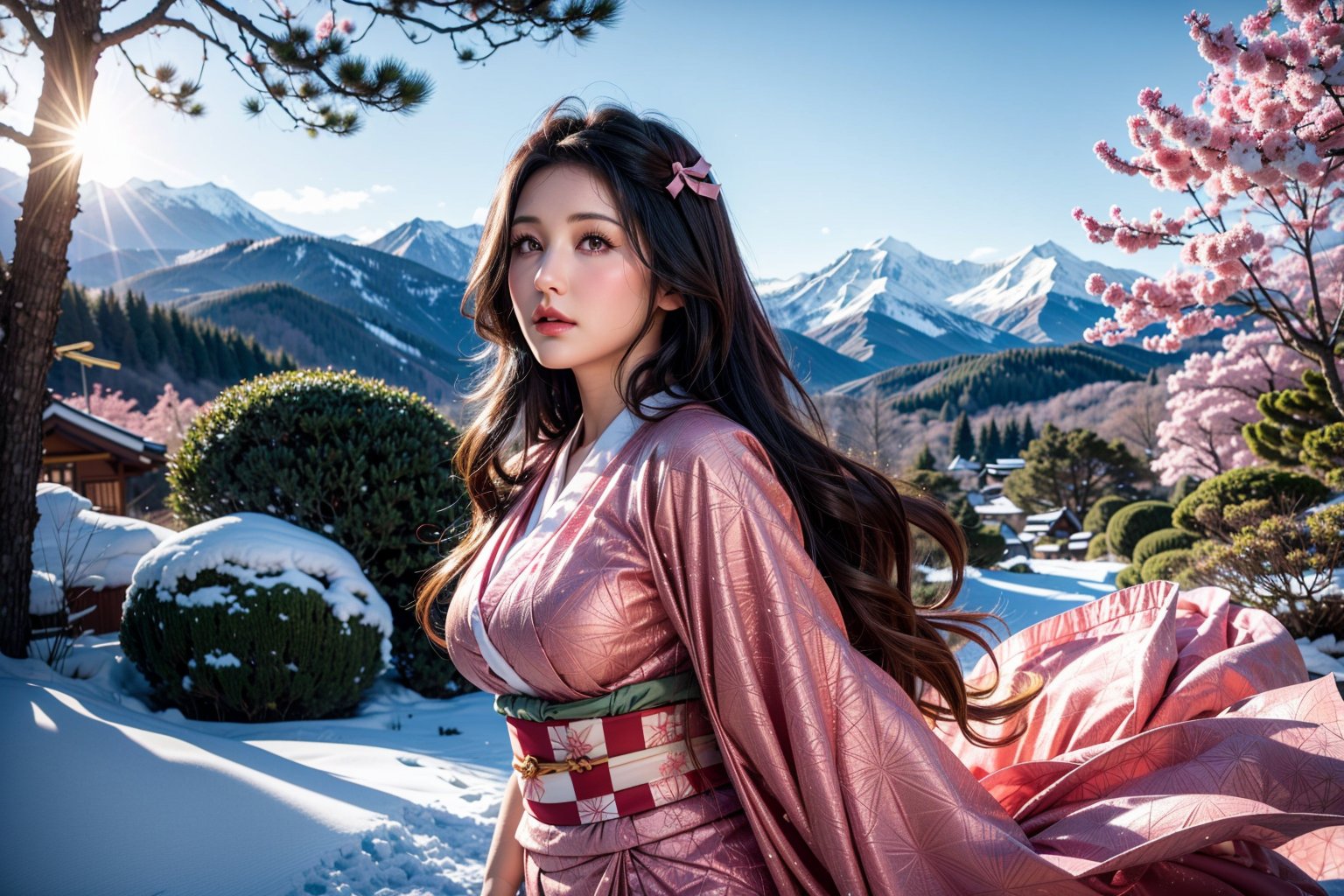 Photorealistic Full-body image of Lucy pinder as Nezuko Kamado sits against a majestic snowy mountain backdrop, bathed in warm golden light. Delicate pink ribbon adorns her curly locks, shining like a beacon amidst the snow-capped peaks. Her exquisite Japanese kimono wraps elegantly around her slender figure, intricate designs and textures accentuating its beauty. Voluminous hair flows behind her, illuminated by the sun's rays, drawing attention to the ribbon's gentle sparkle. In the background, sakura trees sway gently in the breeze, adding depth and serenity to the composition as they blend with the snow-covered mountains.