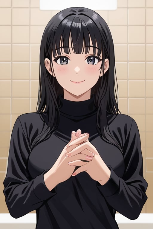 4k,best quality,masterpiece,20yo 1girl,,smile, , (Beautiful and detailed eyes), Detailed face, detailed eyes, double eyelids ,thin face, real hands, muscular fit body, , long_hair, black hair, bathroom, , black_shirt, long_sleeves, turtleneck, upper_body