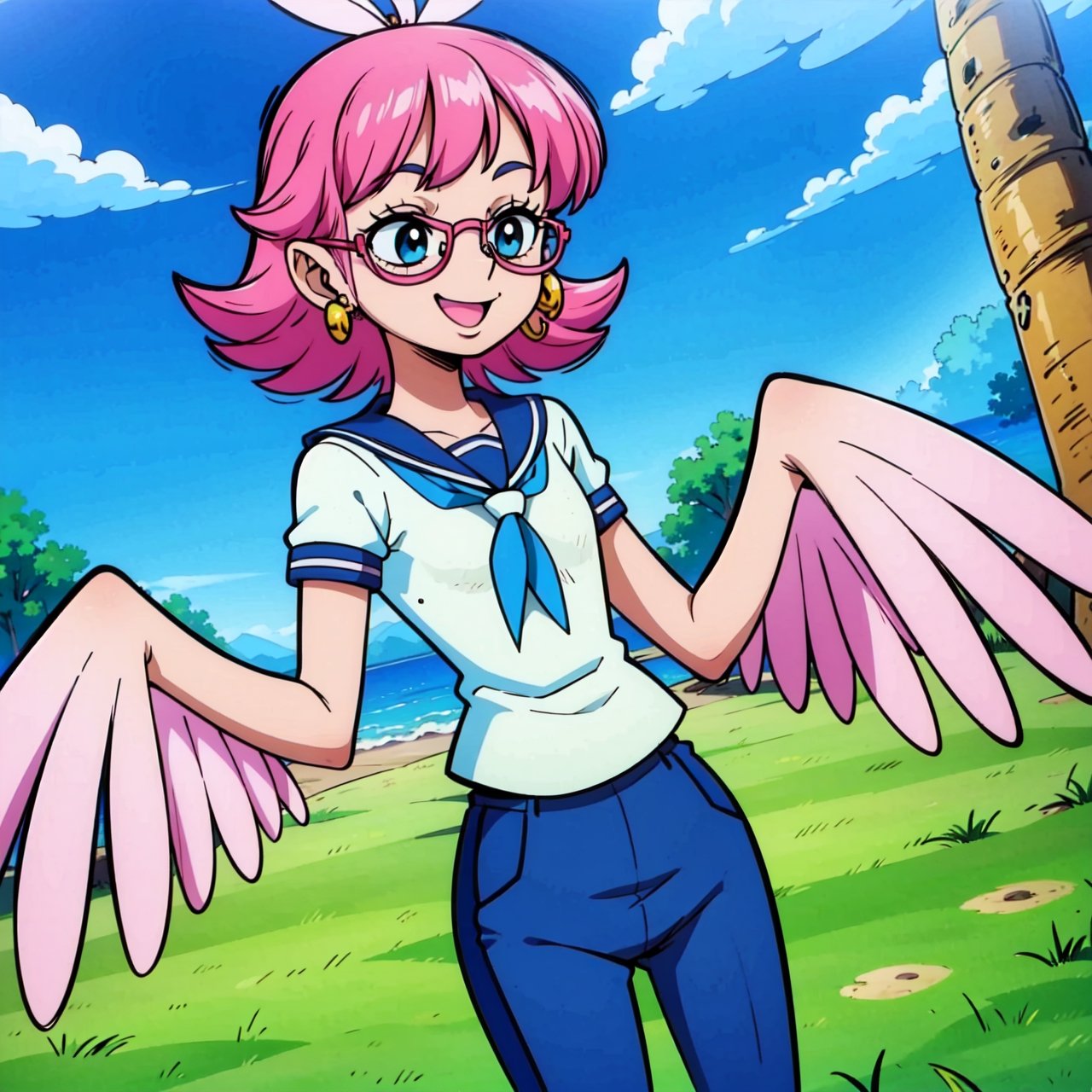 girl. androgynous, non_binary, (harpy girl),  white_wing_arms, flat_chest, sailor_uniform, blue_pants, smiling, short_pink_hair, circular_wide-rim_glasses, :p, candy_earrings, candy_in_hair, cute, on_an_island, Luz_Noceda, white_feathers