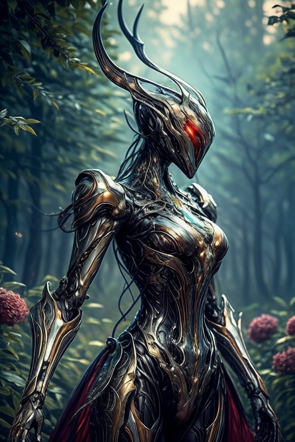 Gorgeous realistic Robot , in red asimetric dress, metal person with cold hurt made from expensive stones and flowers standing in the middle of the forest,WARFRAME