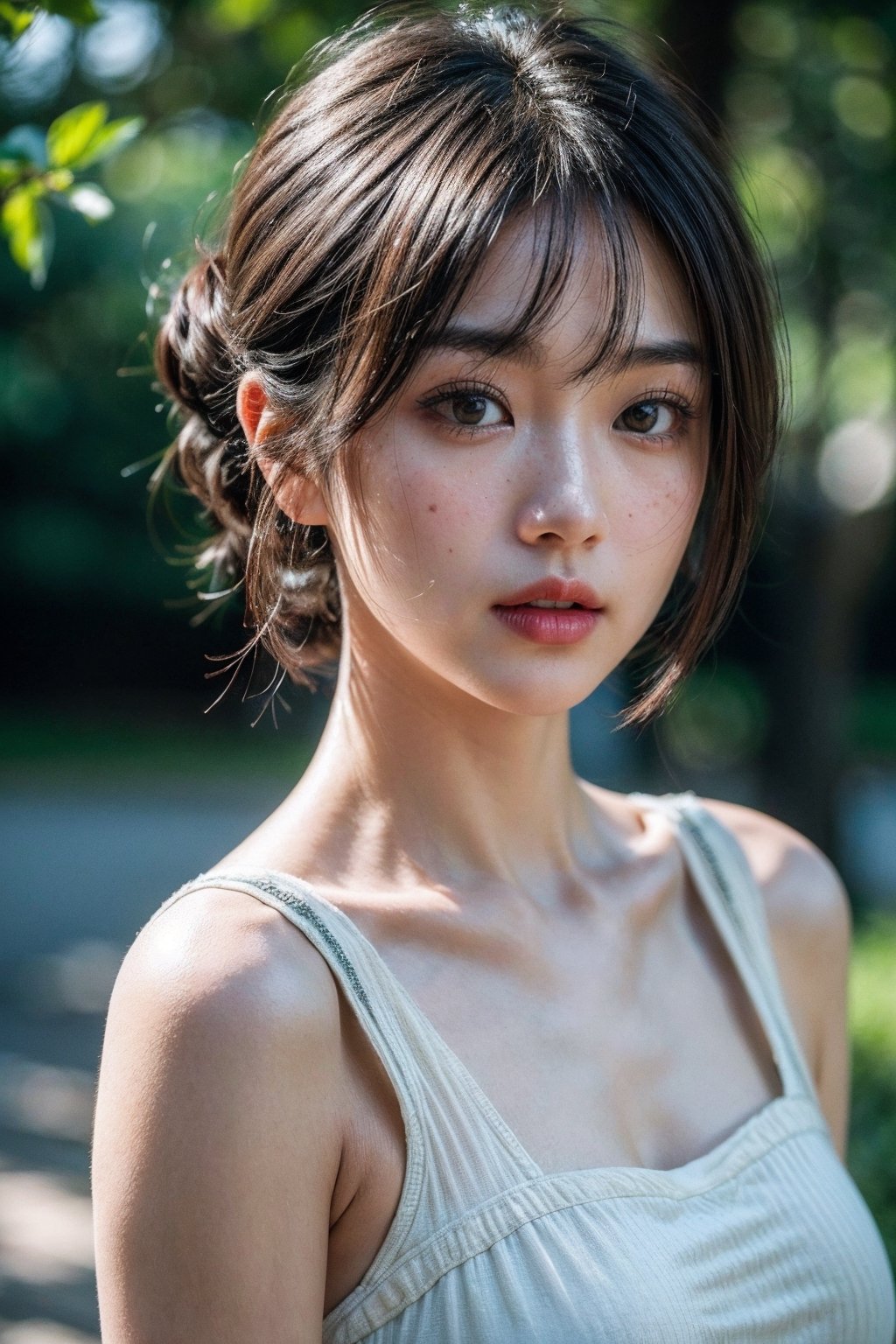 japanese girl, sunny, forest, cheongsam, very short hair, close up, 1girl, lots of freckles, (((extremely beautiful portrait))), ((glistening skin)), RAW photo, ((masterpiece, best quality, hyper detailed, Cinematic light, intricate details, highres, 8k, extremely detailed)), detailed background, 8k uhd, dslr, soft lighting, high quality, film grain, Fujifilm XT3, shallow depth of field, natural light,