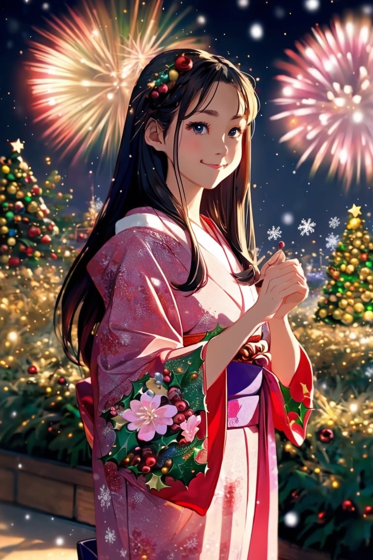 (((adorable, cute, kawaii)), A beautiful Japanese woman in her early twenties, her long raven hair cascading down. She is dressed in a traditional yukata, a lightweight summer kimono adorned with intricate cherry blossom patterns in shades of pink and red. The yukata hangs loosely off her shoulders, revealing her toned arms and smooth skin. (Standing in the midst of a Christmas-themed garden:1.4), she plays with a dazzling array of fireworks, her expression one of pure delight. The garden is filled with lush greenery, adorned with twinkling fairy lights, colorful ornaments, and snow-dusted trees, creating a warm and festive atmosphere. In the background, the sky is aglow with the colors of the fireworks, casting a warm, golden hue over the scene. The woman's delicate features are highlighted by the soft, romantic lighting, accentuating her large, almond-shaped eyes and heart-shaped face. Her slender fingers expertly manipulate the fireworks, causing them to explode in a symphony of colors and shapes, creating an awe-inspiring display of light and sound. The image is a testament to the beauty of Japanese culture, the allure of fireworks, and the magic of the holiday season., (cartoon-style bold line work:1.2), vibrant colors, cel shading, outline, white outline, (cel shading, vintage:1.25), cute moe anime character portrait, adorable, featured on pixiv, kawaii moé masterpiece, cuteness overload, very detailed, sooooo adorable!!!, absolute masterpiece, natural beauty