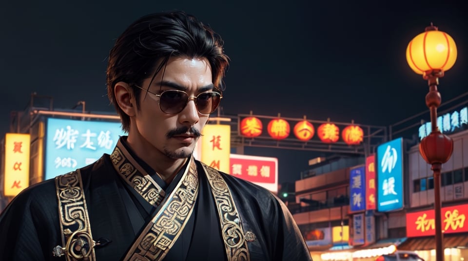 ((20year Man:1.5)), ((1man:1.4)), solid body shape, beautiful shining body,detailed face,moustache,
black hair,((chinese crown)),(full body),
(black eyes),high eyes,(neon sunglasses),
Hanfu,old chinese costumes,A fan made of feathers,
whole body,natural light,random Angle,((have a spear)),
((realism: 1.2 )), dynamic far view shot,cinematic lighting, perfect composition, by sumic.mic, ultra detailed, official art, masterpiece, (best quality:1.3), reflections, extremely detailed cg unity 8k wallpaper, detailed background, masterpiece, best quality , (masterpiece), (best quality:1.4), (ultra highres:1.2), (hyperrealistic:1.4), (photorealistic:1.2), best quality, high quality, highres, detail enhancement,((manga like visual)),
In disco,Night club, mirror ball,Party!,
,Zhuge Liang Kongming,ScienceDNAStyle,neon_grid_sunglasses