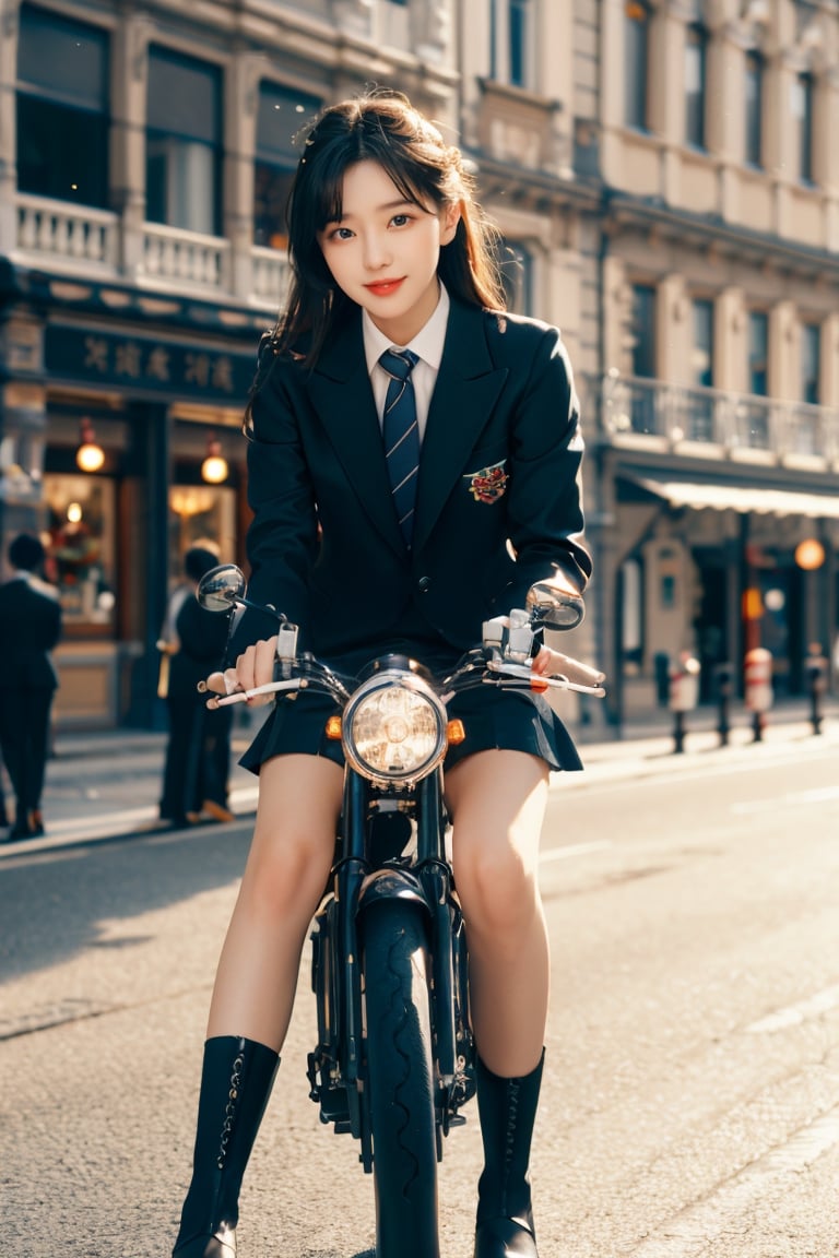 Photography, (Highest Quality, Masterpiece: 1.2), 8K, HDR, Photorealism, (Film Framing: 1.3), (Vivid Colors: 1.2), Fine Detail & Textures, Masterpiece, Highest Quality, Super Detail, Charming Smile, Perfect, Hands, detailed face, Korean girl, black hair, brown eyes, black leather shorts, basic collar neck suit uniform, (riding a motorcycle on the road), (Christmas decorations on the building), (small lights are twinkling), school look color Tie, leather jacket, black leather boots,